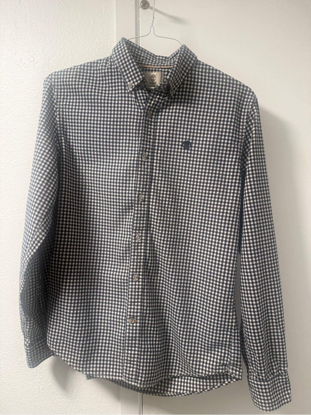 Timberland Navy and White Gingham Button-Down Flannel Shirt